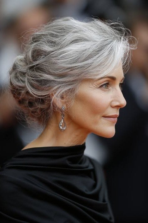 Grey swirled updo in profile with earrings, an elegant updo for women over 70
