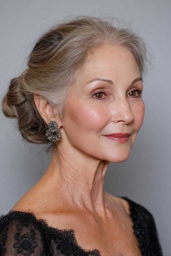 Grey updo front three-quarter view in lace dress, an elegant updo for women over 70