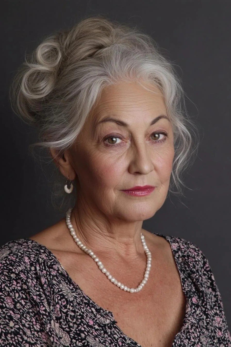 Silver updo front view with pearl necklace, an elegant updo for women over 70