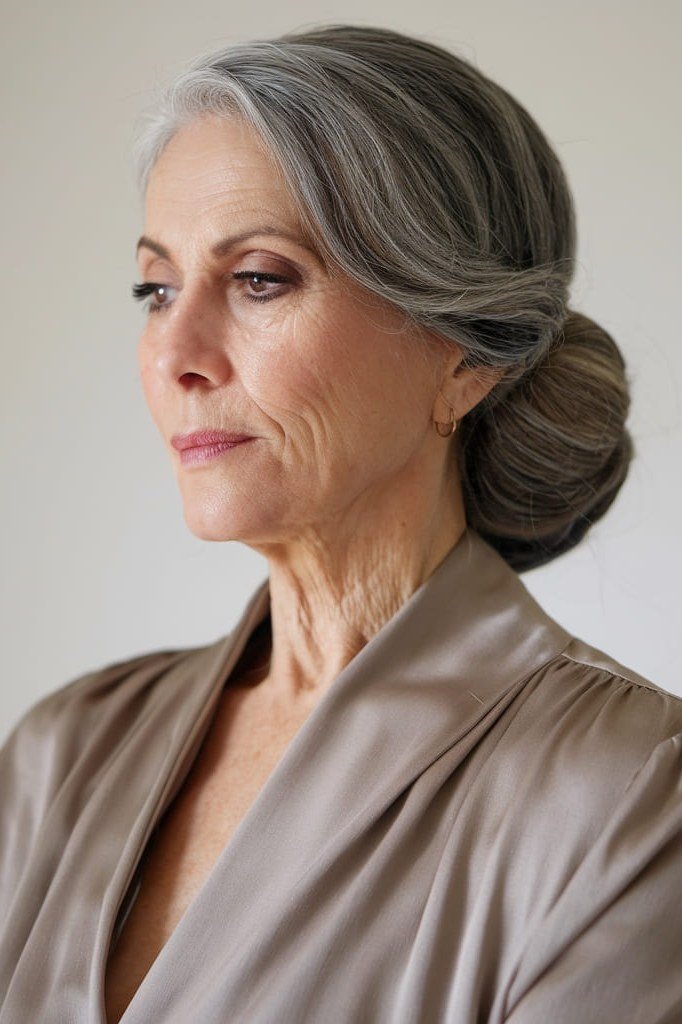 Grey low bun three-quarter view in beige blouse, an elegant updo for women over 70