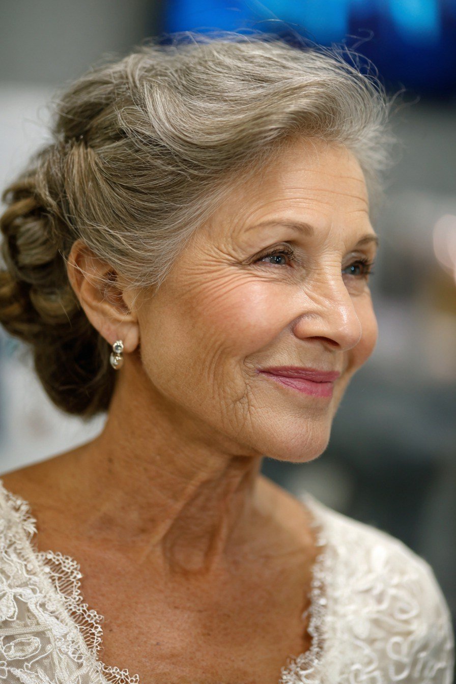 Curly grey updo three-quarter view in white lace, an elegant updo for women over 70