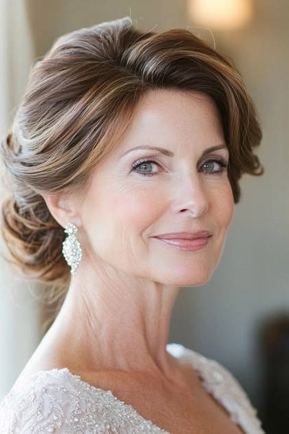 Brown voluminous updo front view in white top, an elegant updo for women over 70