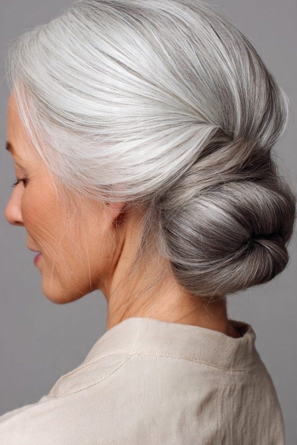 Silver nape twist side view, an elegant updo for women over 70