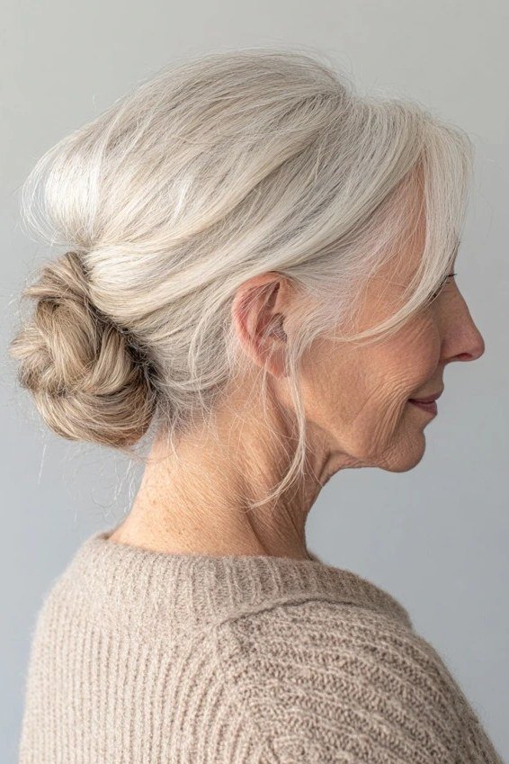 White low bun in profile, an elegant updo for women over 70