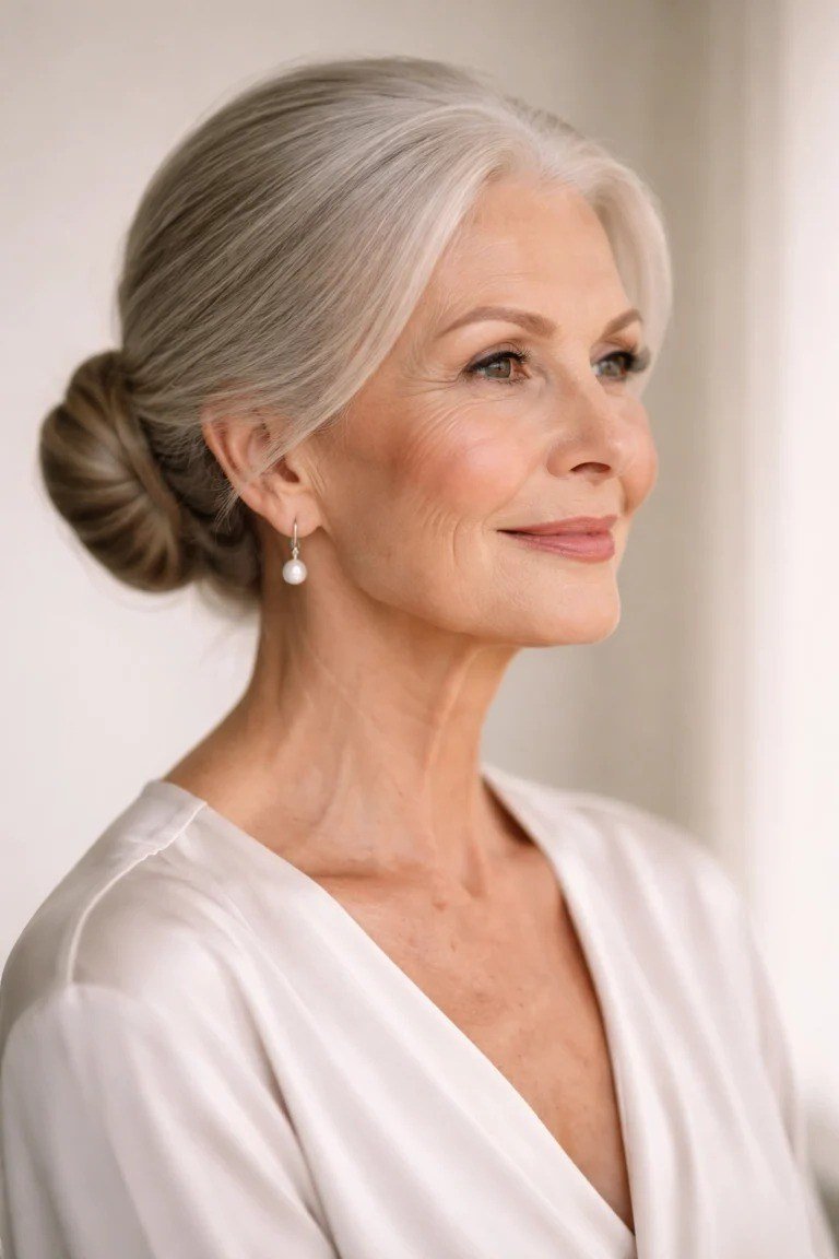 Silver bun front view in white top, an elegant updo for women over 70