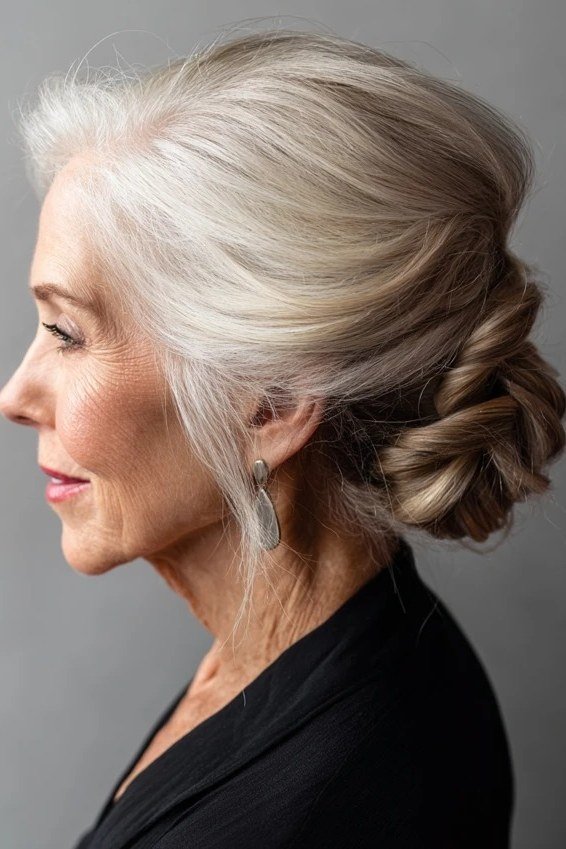 Blonde twisted side bun in profile, an elegant updo for women over 70