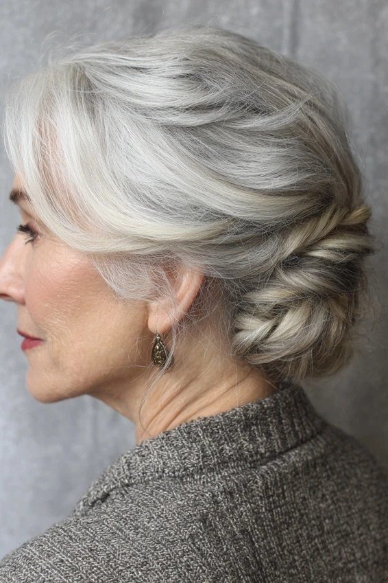 Grey updo in profile in grey sweater, an elegant updo for women over 70