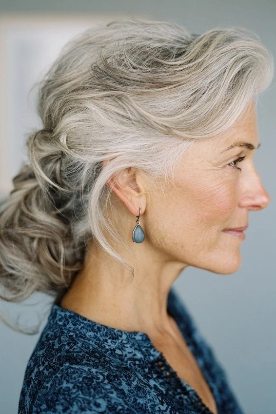Loose silver updo with bangs three-quarter view, an elegant updo for women over 70