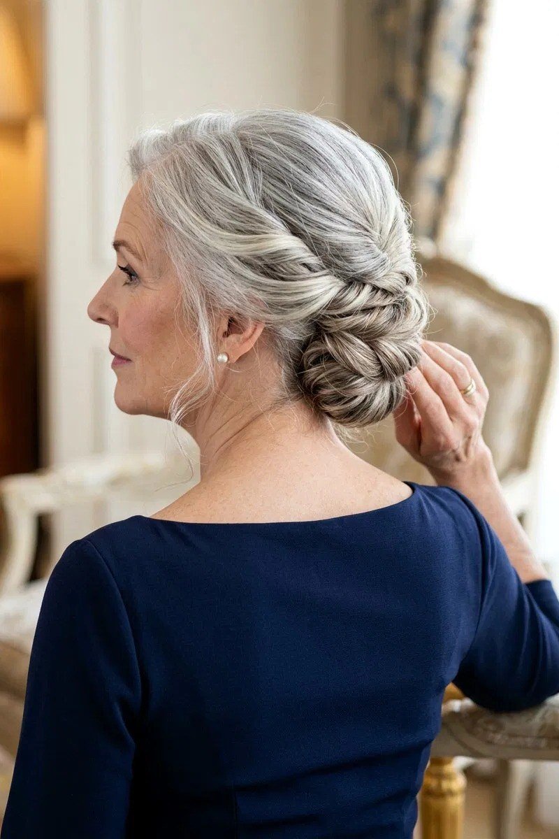 Silver bun side view in dark blue dress, an elegant updo for women over 70