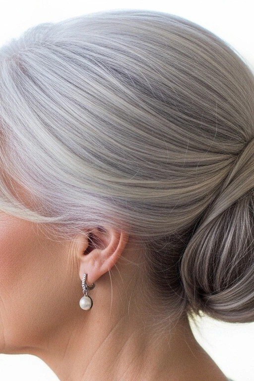 Silver low bun in profile by window light, an elegant updo for women over 70