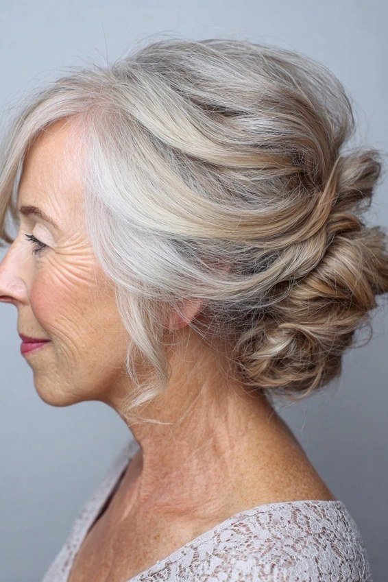 Curly silver low bun three-quarter view in lace top, an elegant updo for women over 70