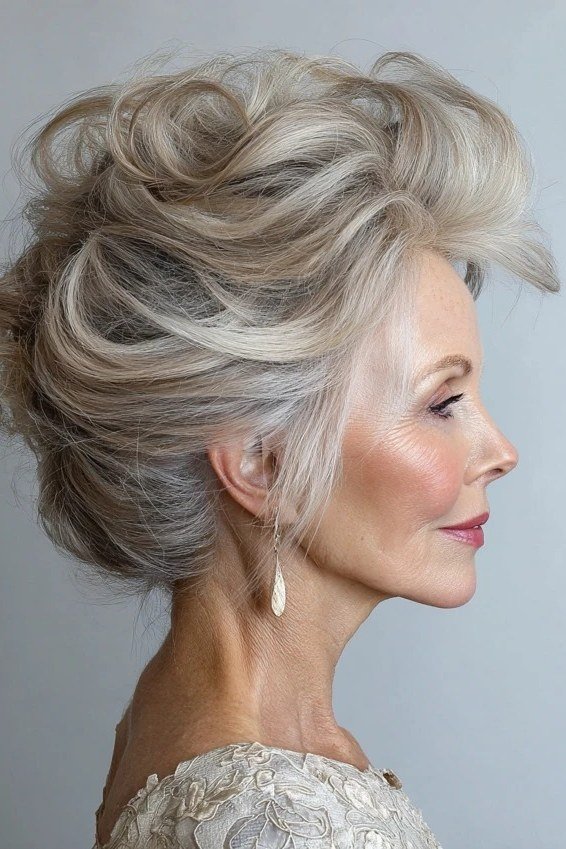 Silver voluminous updo three-quarter view, an elegant updo for women over 70