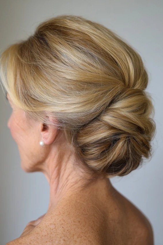 Blonde twisted bun three-quarter view, an elegant updo for women over 70