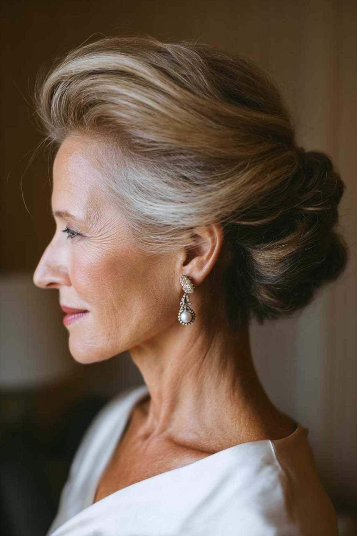 Grey low bun in profile in white top, an elegant updo for women over 70