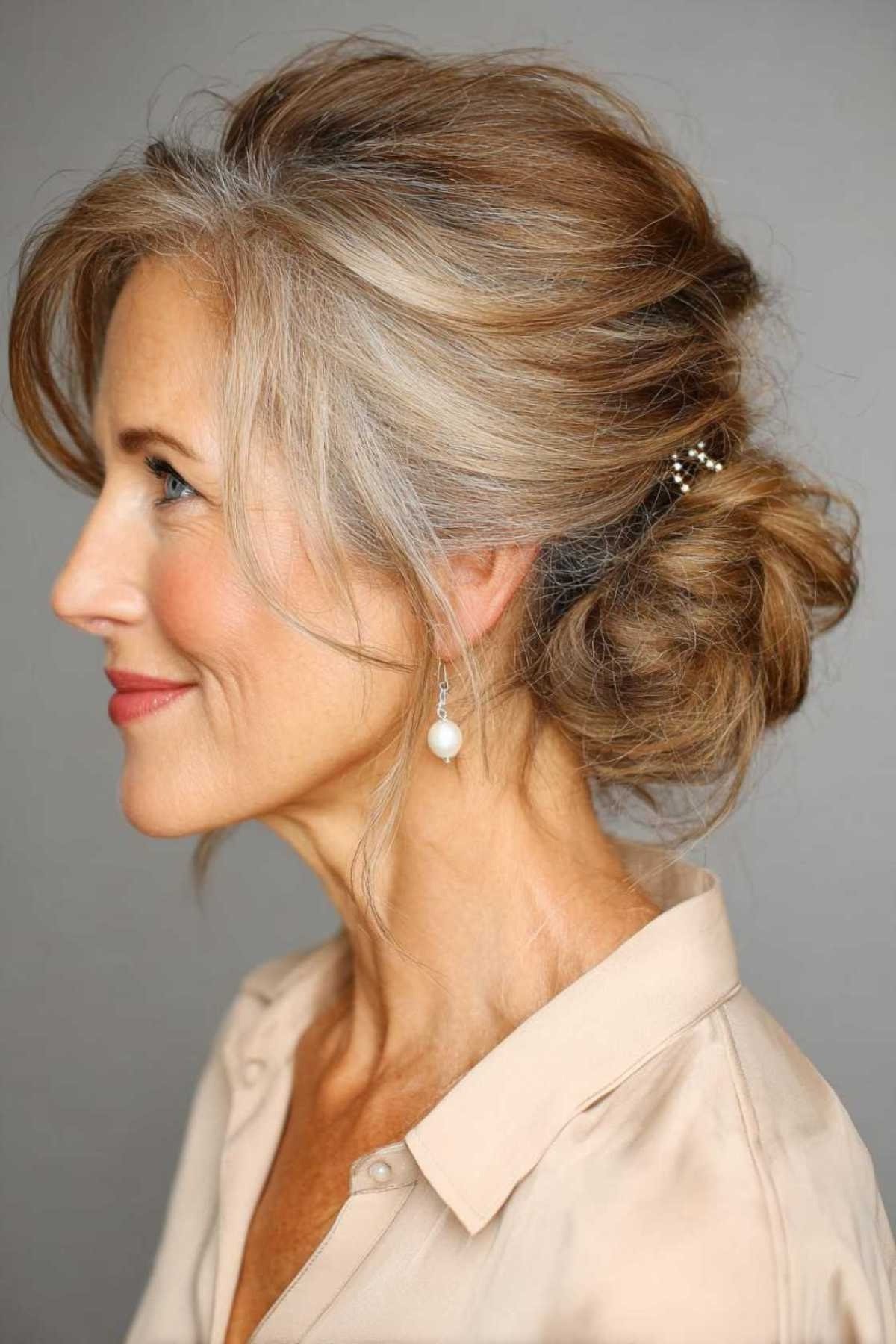 Blonde half-up bun three-quarter view in beige shirt, an elegant updo for women over 70