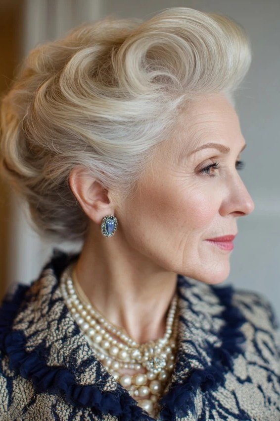 Silver bouffant updo in profile with pearl necklaces, an elegant updo for women over 70