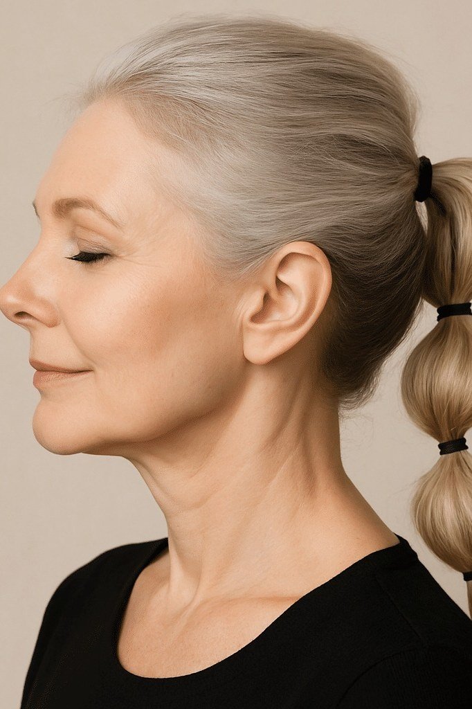 Silver bubble ponytail in profile in black top, an elegant updo for women over 70