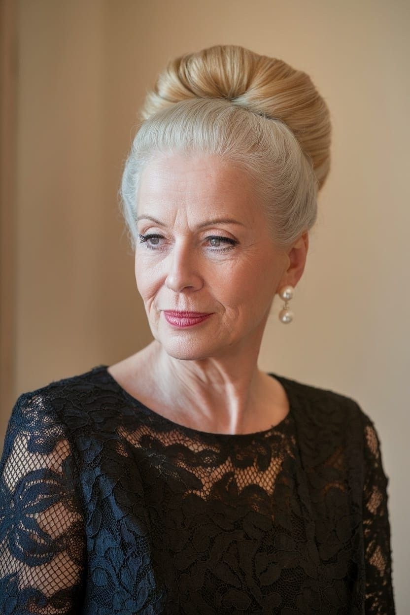 Blonde ballerina bun front view in black lace, an elegant updo for women over 70