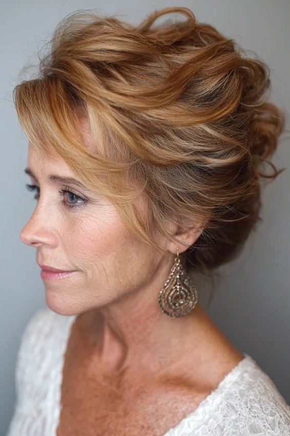 Copper textured updo three-quarter view in white lace, an elegant updo for women over 70