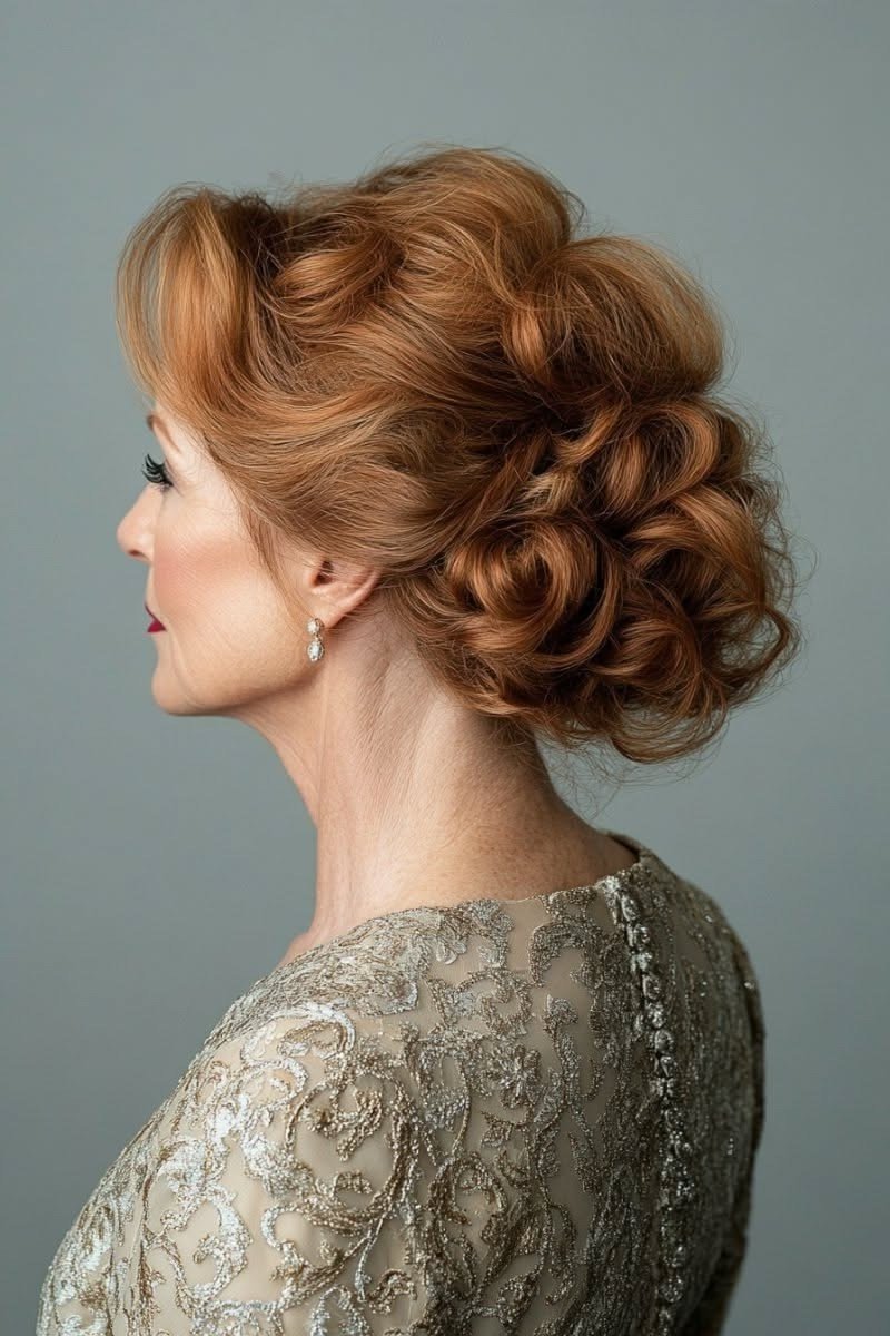 Copper curly bun in profile in gold dress, an elegant updo for women over 70
