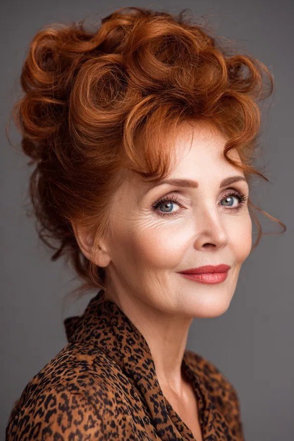 Copper curly updo front view in leopard top, an elegant updo for women over 70