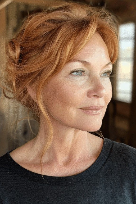 Copper low bun three-quarter view in dark top, an elegant updo for women over 70