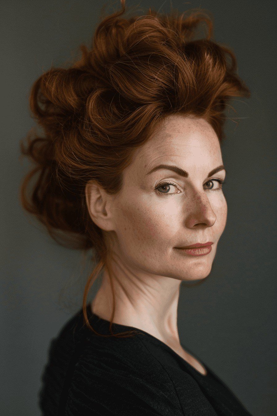 Dark copper updo three-quarter view in black top, an elegant updo for women over 70