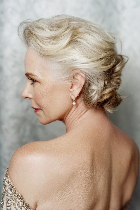 Silver curly updo in profile, an elegant updo for women over 70