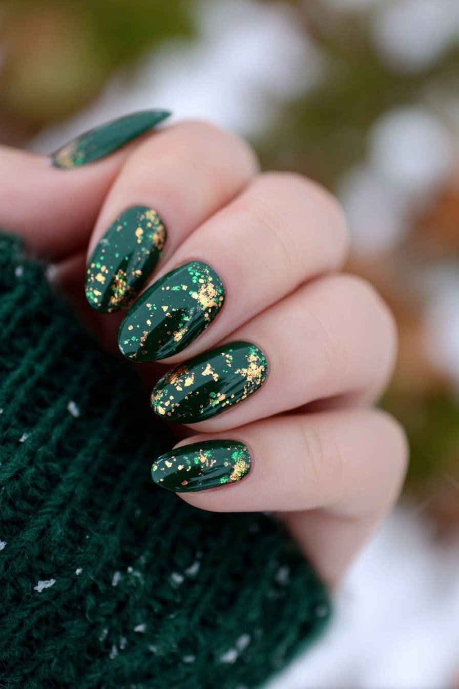 Deep green nails with gold glitter flecks, festive manicure for women over 60