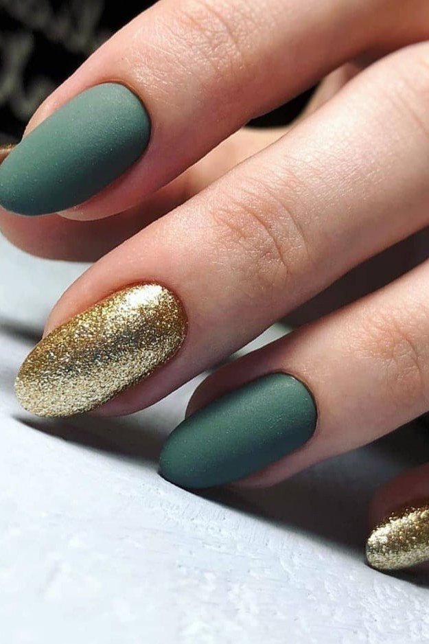 Matte sage green and gold glitter almond nails for women over 60