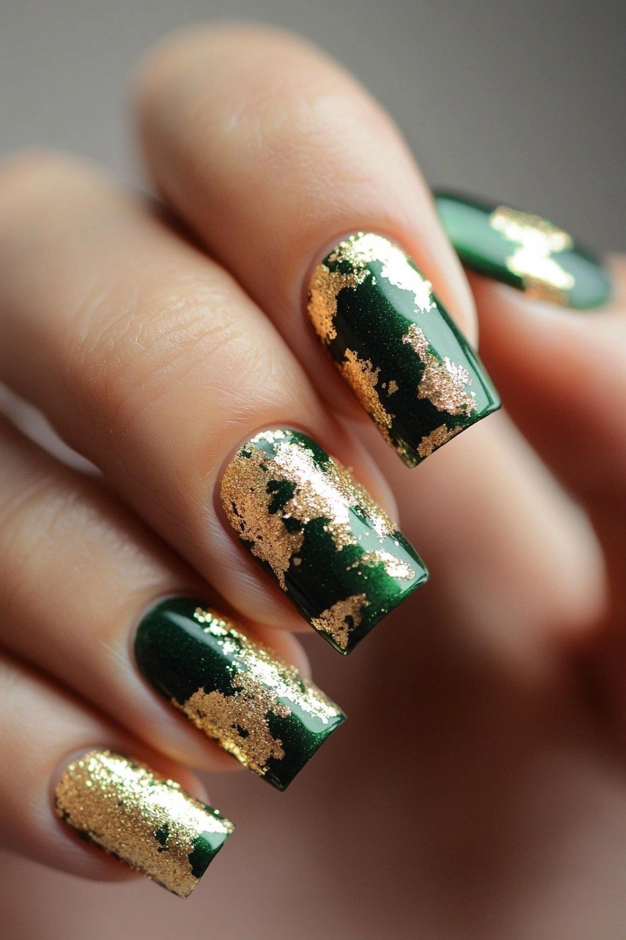 Long square green nails with gold foil flakes for women over 60