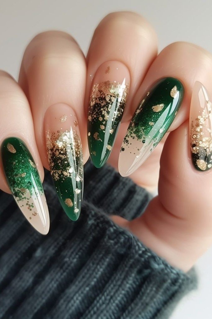 Stiletto green and gold glitter ombre nails for women over 60