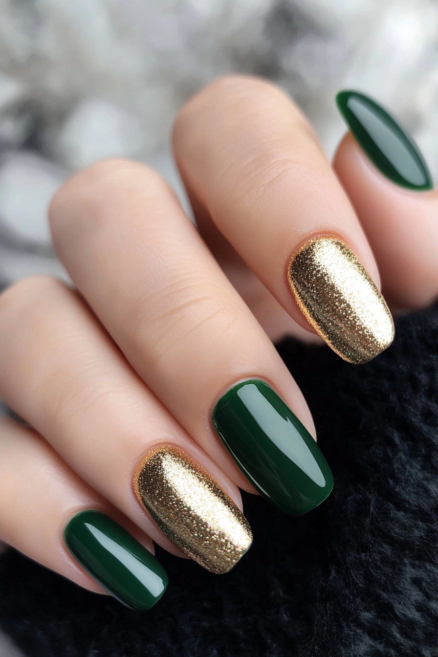 Dark green nails with metallic gold accent nails for women over 60