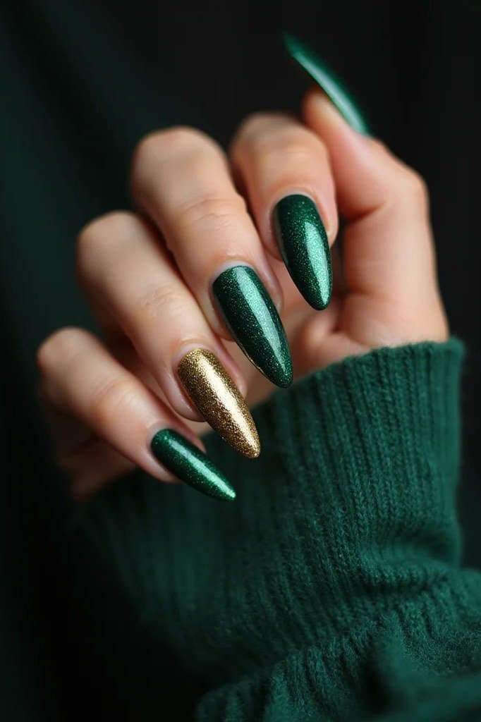 Metallic emerald green and gold stiletto nails for women over 60