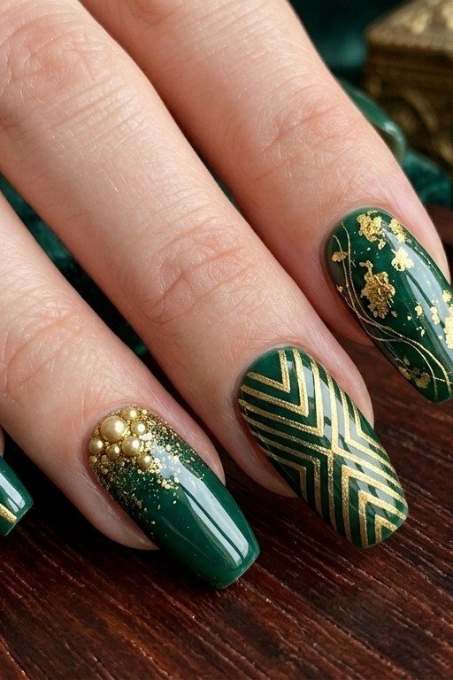 Green nails with gold geometric nail art for women over 60