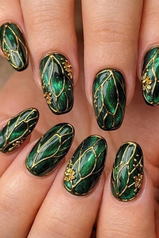 Dark green marble nails with gold veining for women over 60