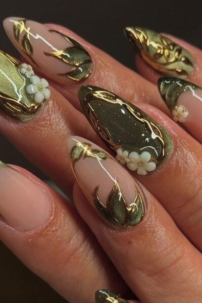 Green and gold nails with 3D floral nail details for women over 60
