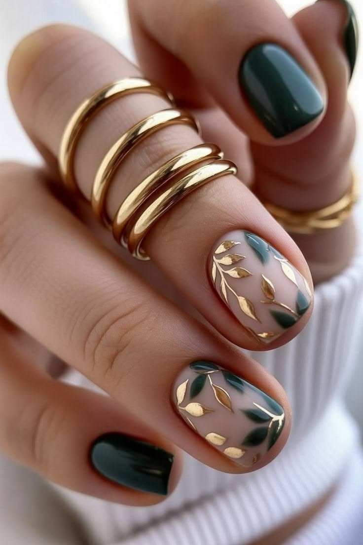 Dark green nails with gold nail art styled with stacked rings