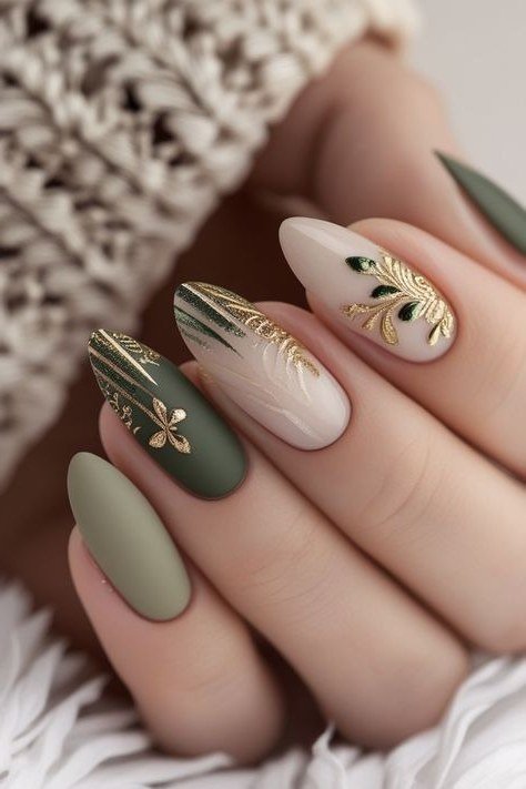 Nude and green nails with gold leaf accents for women over 60