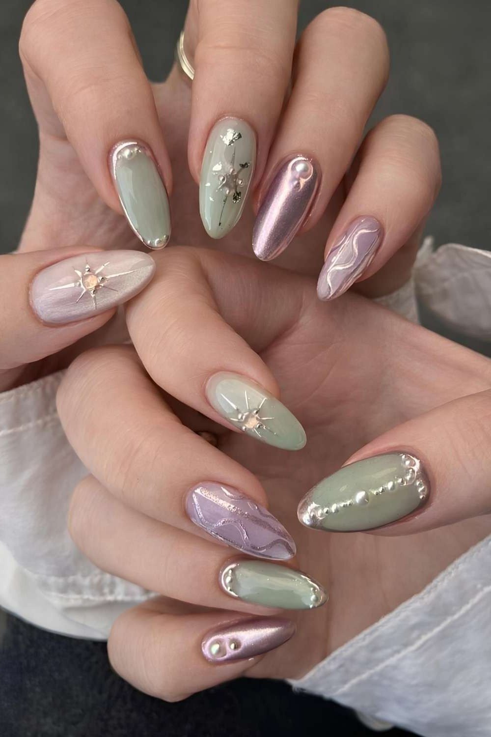 Pastel green nails with gold accents for women over 60