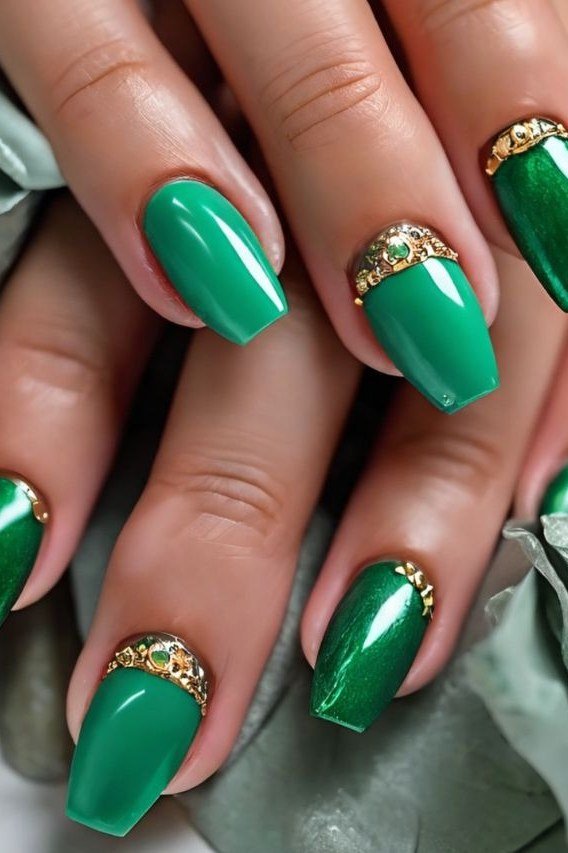 Emerald green nails with gold glitter cuticles for women over 60
