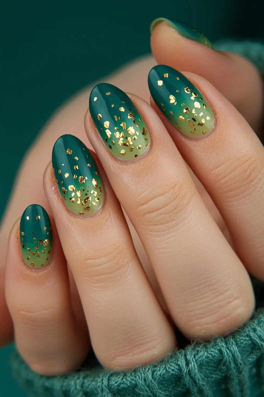 Dark green nails with gold glitter ombre manicure for women over 60