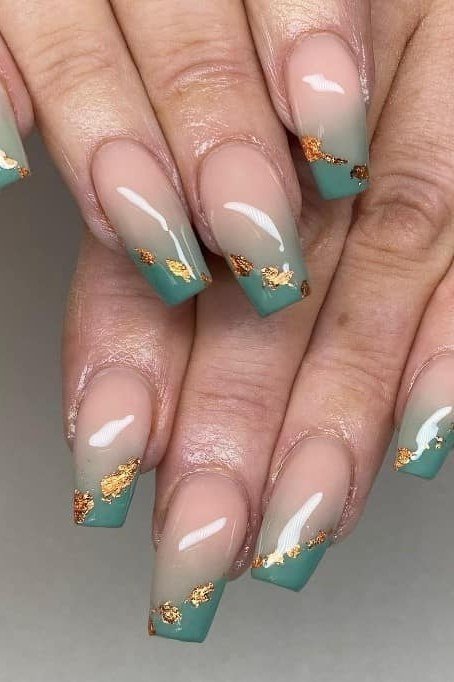 Nude nails with green and gold French tips for women over 60