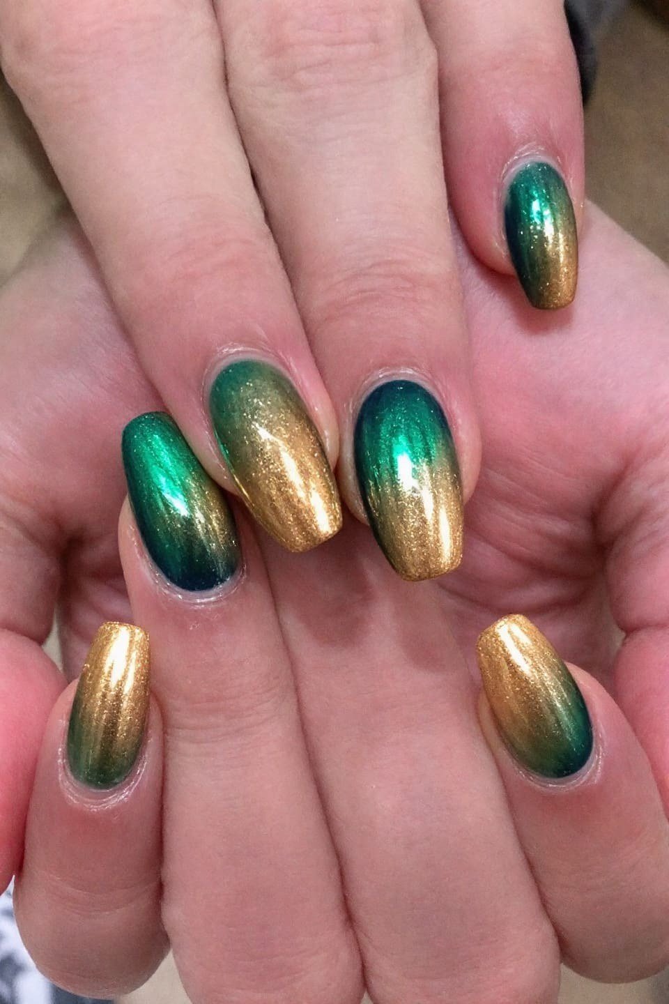 Short gold and green ombre nails for women over 60
