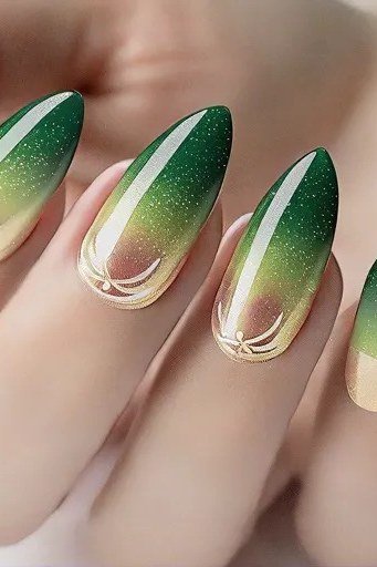 Green and gold aura almond nails for women over 60