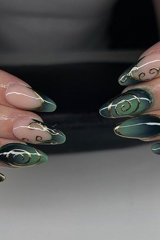Nude and green nails with gold swirl nail art for women over 60