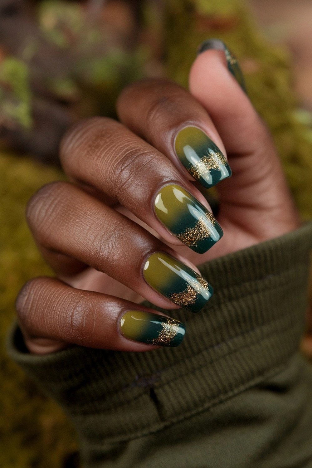 Dark green nails with gold accents on deep skin tone