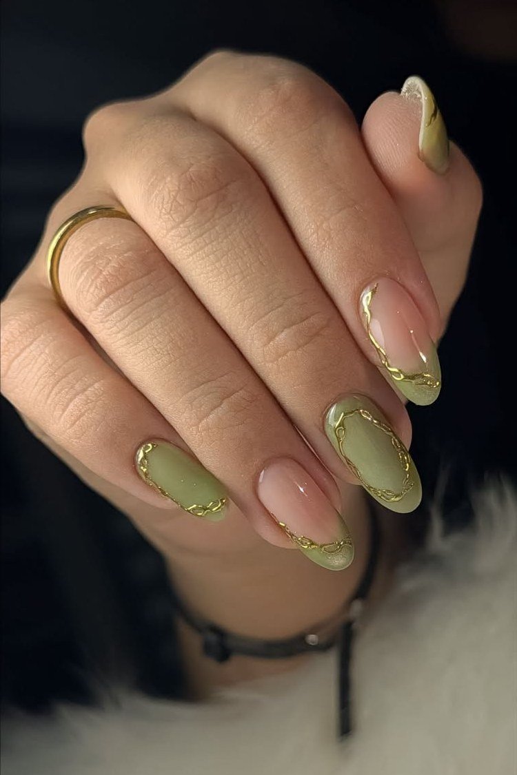 Olive green nails with gold French tips for women over 60