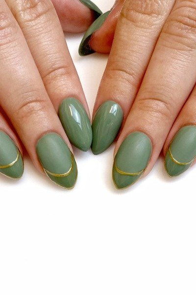 Sage green French nails with gold lines for women over 60