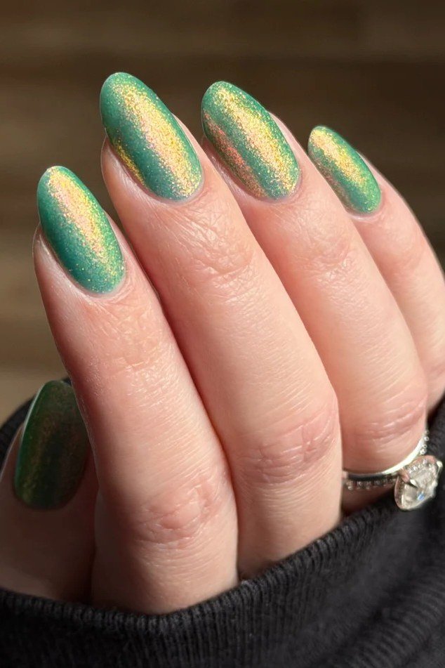 Green and gold chrome almond nails for women over 60